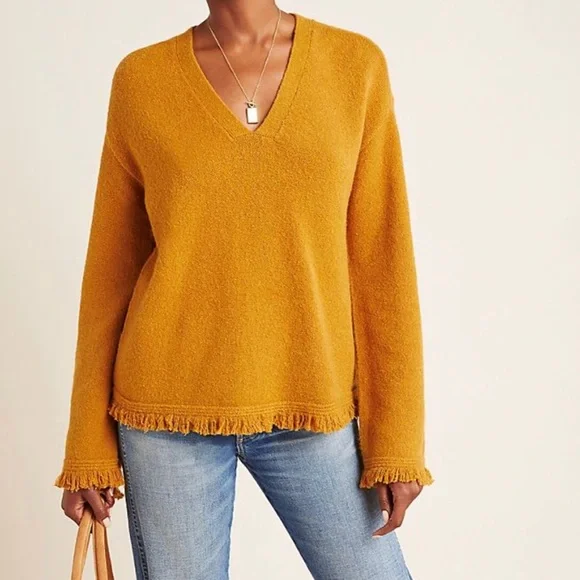 ANTHROPOLOGIE Joy‎ Fringed V-Neck Sweater Maize - Picture 3 of 4